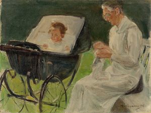Die Enkelin des Künstlers mit ihrer Kinderfrau im Wannseegarten