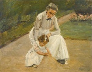 The artist’s granddaughter and her nurse playing in the garden