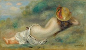 Baigneuse Allongée De Dos Avec Un Chapeau De Paille Or Femme Couchée Sur L’herbe