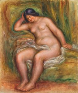 Femme nue assise appuyée sur un coussin vert