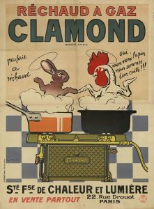 Réchaud à gaz Clamond. Société française de chaleur et lumière, 22, rue Drouot, Paris. lapin, coq