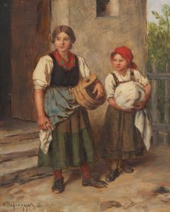 Bäuerin mit Dirndl vor dem Waschhaus