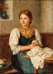 A Young Girl In Traditional Costume Sewing At Home