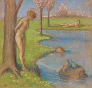 Frühlingslandschaft mit Paar am Froschteich