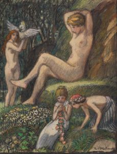 Frühlingsidylle mit Badender und Blumenkindern