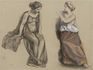 Studienblatt; Zwei Frauen, sitzend, in unterschiedlicher Bekleidung