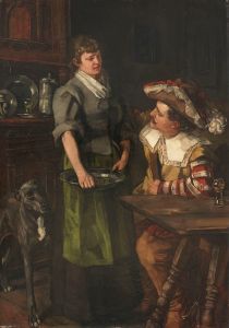Zechender Landsknecht mit Serviermädchen