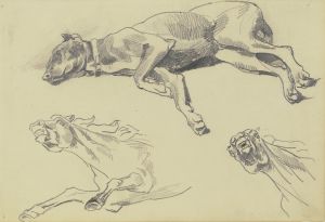 Studienblatt; Die Dogge Cäsar, auf der Seite liegend nach links, schlafend; darunter zwei Pferdestudien in starker Untersicht