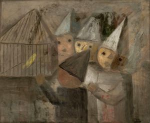 Children in front of a cage with a canary