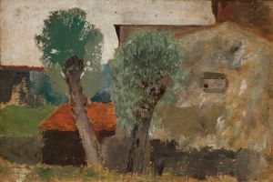 Fragment of a house with two trees