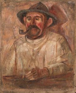 Bust of a man in a hat with a pipe