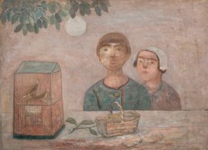 Children in front of a cage with little birds