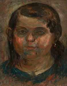 Head of a little girl in a blue dress