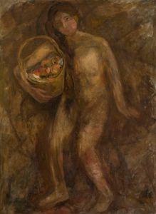 Nude girl with a basket of apples