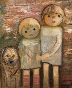 Two children with a dog