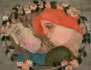 Two heads of little girls in a garland of flowers