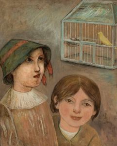 Two little girls beside a cage with a canary