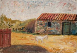 Rural farmstead with a white foal