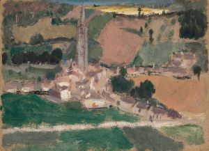 View of a small town with a church tower