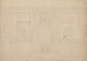 Interior wall with architectural ornaments of the U.S. Capitol building with portrait of George Washington at Dorchester Heights