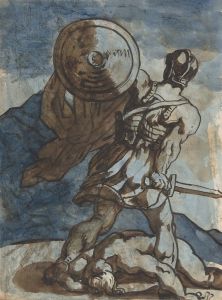 A Warrior Holding a Shield and Sword, Seen from the Back