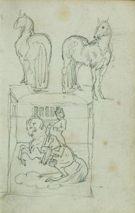 Two standing horses, Man riding a rearing horse