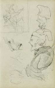 Studies of lion, compositional group figure study, two caricature head studies