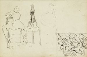 Tassels, seated figure from behind chair, thumbnail study of Charging Chasseur