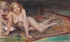 Liegender, blonder Mädchenakt auf buntem Teppich