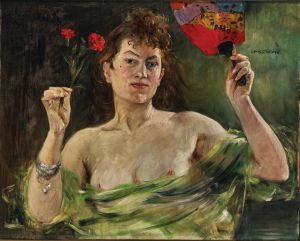 Girl with fan and carnations