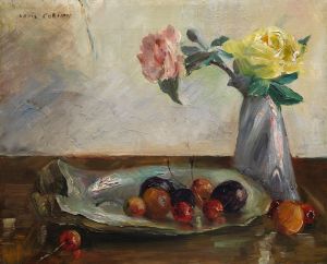 Stillleben mit Blumen in Vase, Muschel und Obst