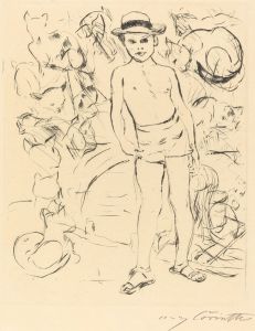 Boy Wearing Bathing-Trunks and Straw Hat