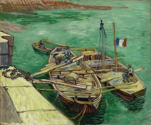 Quay with men unloading sand barges