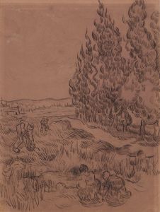 Cypresses with four people working in the field