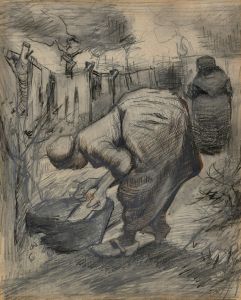 Boerin bij de wastobbe, in een tuin