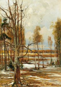 An early spring landscape with a beech tree in the foreground