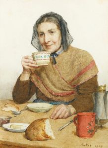 Sitting Peasant Woman Holding A Cup In Her Hand