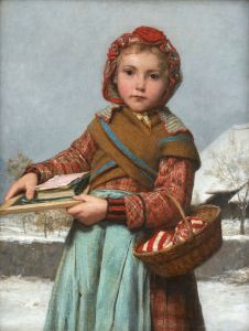 School girl with slate board and sewing basket
