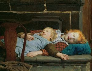 Two sleeping girls on the stove bench