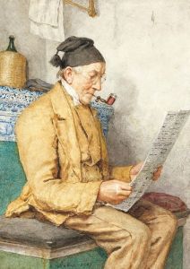 Reading Farmer Sitting By The Tiled Stove