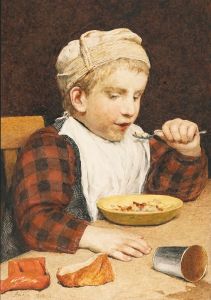 Knabe Mit Mütze Beim Essen