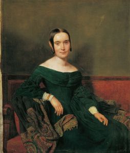 Lady in vermilion dress