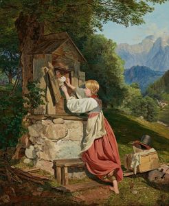 Ein Mädchen schmückt die Mutter Gottes mit einer Rose