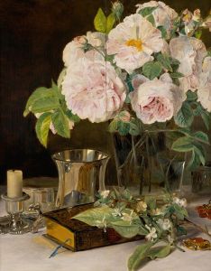 Rosen im Glas Stilleben mit Rosen, Leuchter und silbernem Becher