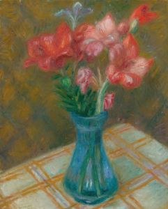 Gladiolas In Green Glass Vase