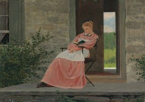 Girl Reading On A Stone Porch