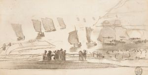 Beach Scene with People and Fishing Boats, Cullercoats, England
