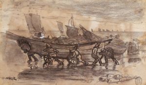 Fishermen Beaching a Dory, Cullercoats, England