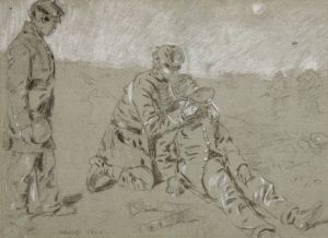 Soldier Giving Water to a Wounded Companion