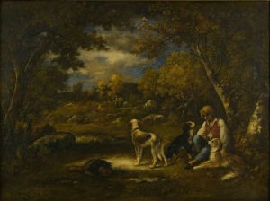 Boy With His Dogs In A Wood